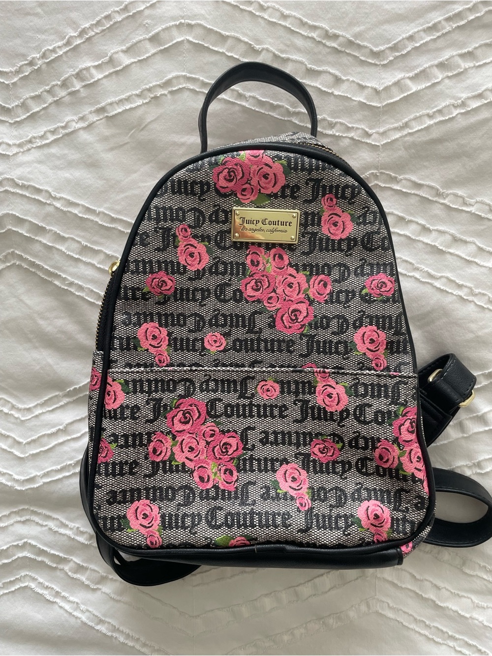 Juicy Couture Black Logo Backpack with Pink Rose Print